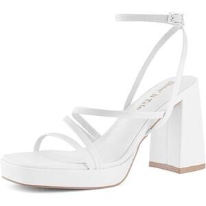 Shoe'N Tale Womens 7.5 White Open Toe Block Heel Ankle Strap Platform Heel Shoes